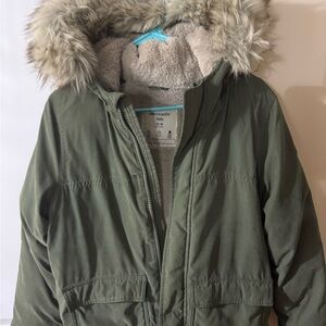 Abercrombie Kids Olive Green Puffer Jacket with Faux Fur Hood